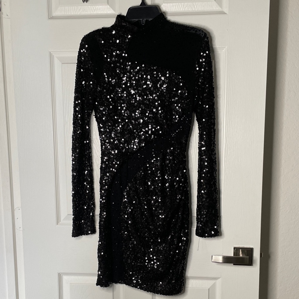 Banjul Sequin Long Sleeve Midi Dress with Sheer Cut Out NYE
